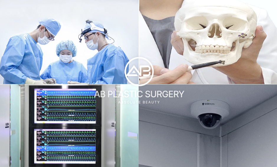 ภาพทีมศัลยแพทย์และเทคโนโลยีความปลอดภัยของโรงพยาบาลศัลยกรรมABประเทศเกาหลี  สำหรับศัลยกรรมลดโหนกแก้มสูง แสดงมาตรฐานห้องผ่าตัด การวางแผนผ่าตัดและระบบติดตามผลลัพธ์ก่อนหลัง – ศัลยกรรมโหนกแก้ม, ปรับรูปหน้า
